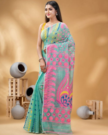 DESH BIDESH Turquoise Blue Pink Pure Cotton Jamdani Saree with Ethnic Motifs