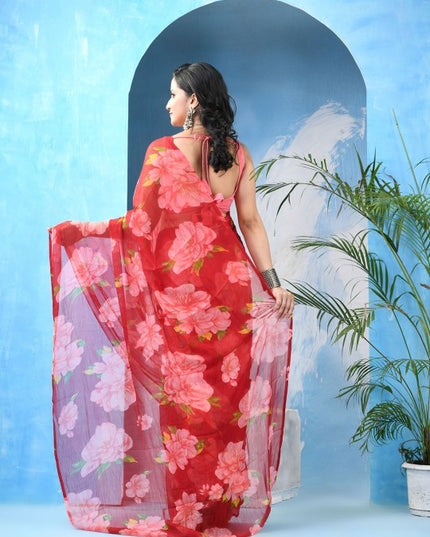 DESH BIDESH Elegant Red Pink Floral Poly Chiffon Saree for Women