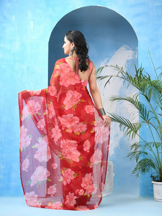 DESH BIDESH Elegant Red Pink Floral Poly Chiffon Saree for Women