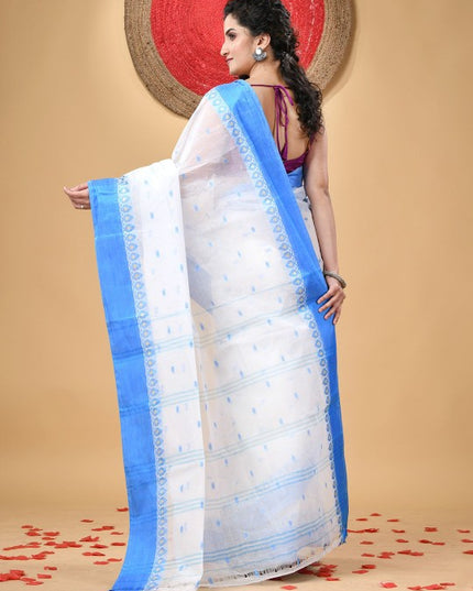 Exquisite White & Blue Pure Cotton Taant Saree with Phulkari Floral Design