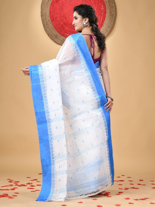 Exquisite White & Blue Pure Cotton Taant Saree with Phulkari Floral Design
