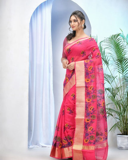 Exquisite Pink Floral Printed Zari Saree with Unstitched Blouse Piece