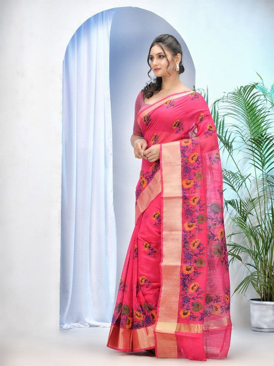 Exquisite Pink Floral Printed Zari Saree with Unstitched Blouse Piece