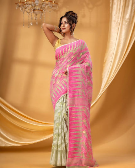 Exquisite Pink Cream Woven Jamdani Pure Cotton Saree for Women