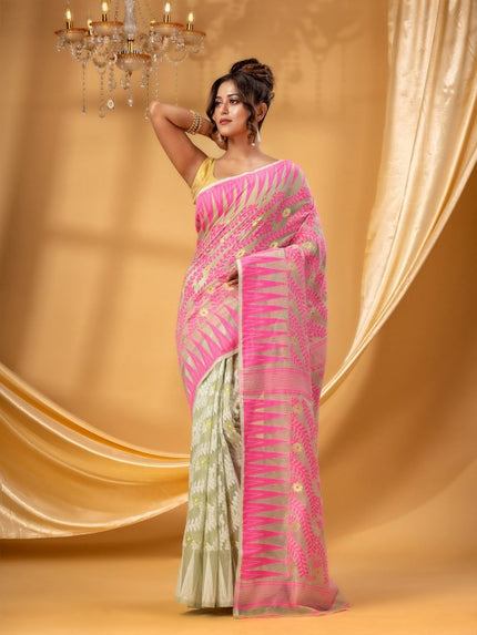 Exquisite Pink Cream Woven Jamdani Pure Cotton Saree for Women