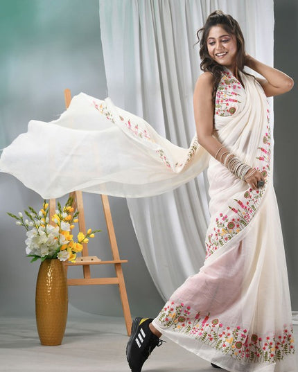 Exquisite Floral Embroidered Silk Cotton Saree for Women - Traditional Indian Attire