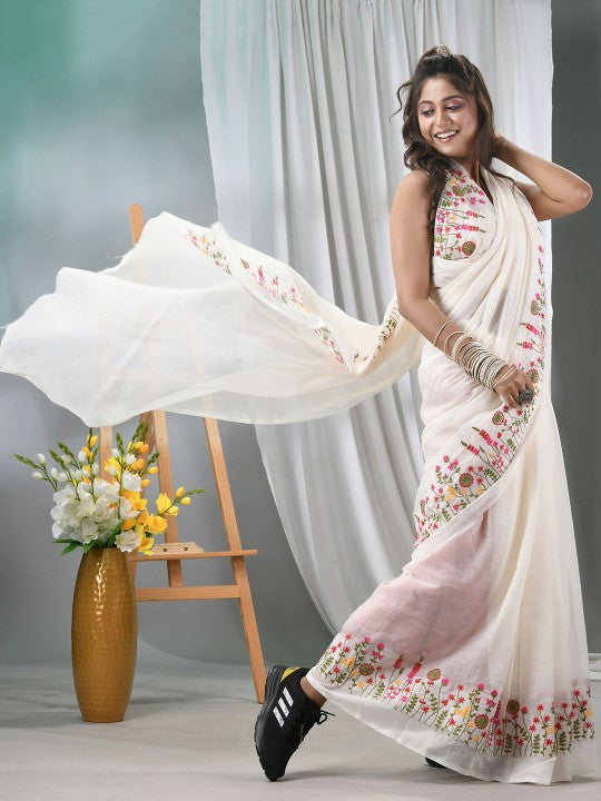 Exquisite Floral Embroidered Silk Cotton Saree for Women - Traditional Indian Attire