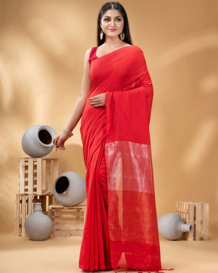 Exquisite Red Taant Saree for Women: Traditional Woven Design, Ready-to-Wear Elegance