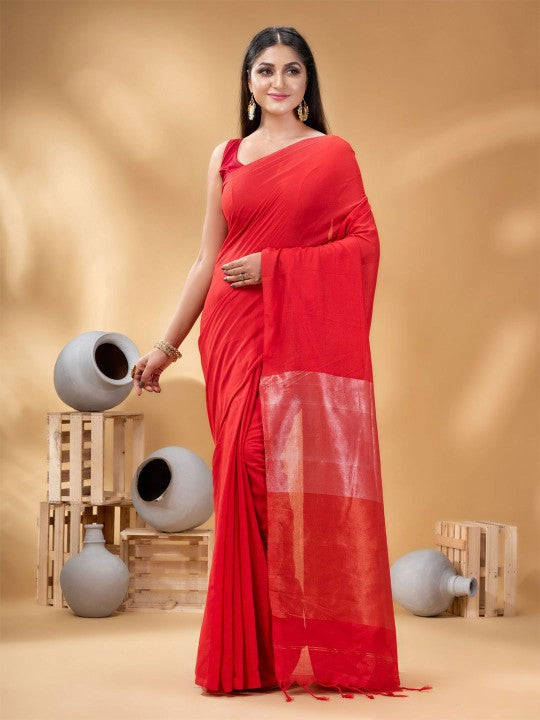 Exquisite Red Taant Saree for Women: Traditional Woven Design, Ready-to-Wear Elegance