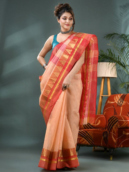 DESH BIDESH Striped Zari Pure Cotton Taant Saree