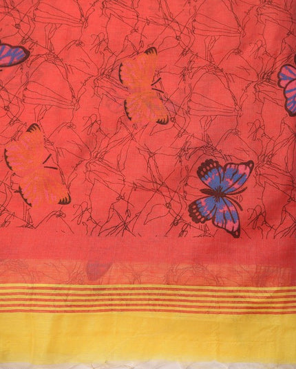 Exquisite Yellow Handloom Saree with Abstract Printed Butterfly Design & Blouse Piece