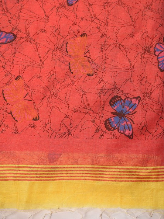 Exquisite Yellow Handloom Saree with Abstract Printed Butterfly Design & Blouse Piece