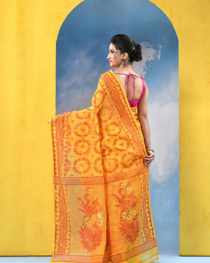 DESH BIDESH Yellow & Orange Ethnic Motifs Jamdani Cotton Blend Saree with Blouse Piece