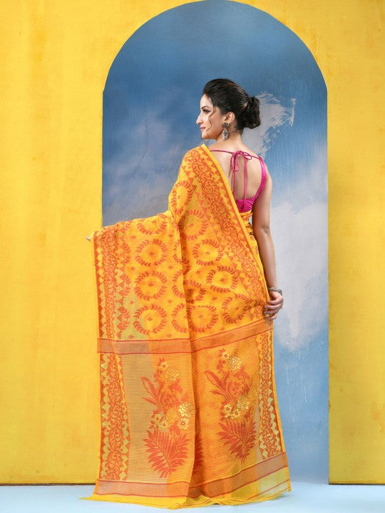 DESH BIDESH Yellow & Orange Ethnic Motifs Jamdani Cotton Blend Saree with Blouse Piece
