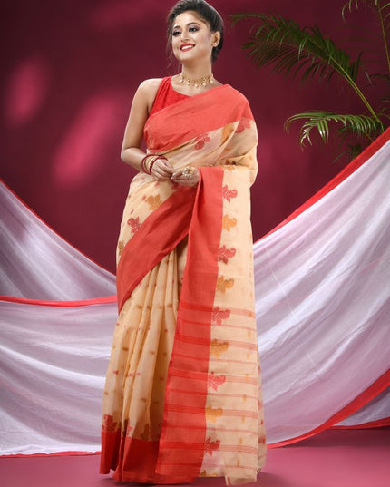 DESH BIDESH Beige & Red Woven Design Pure Cotton Saree