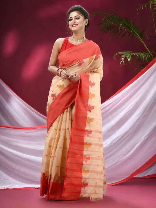 DESH BIDESH Beige & Red Woven Design Pure Cotton Saree