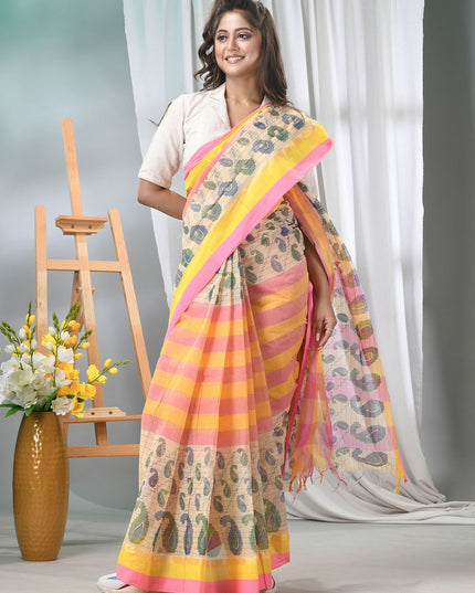 DESH BIDESH Pure Cotton Pink Yellow Paisley Printed Taant Saree for Women