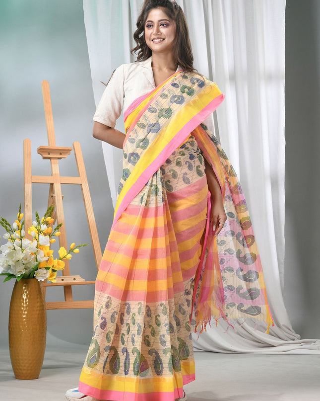 DESH BIDESH Pure Cotton Pink Yellow Paisley Printed Taant Saree for Women