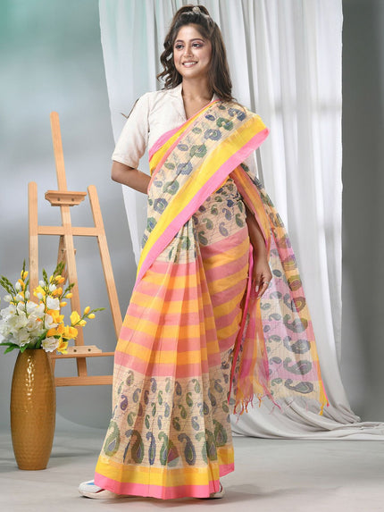 DESH BIDESH Pure Cotton Pink Yellow Paisley Printed Taant Saree for Women