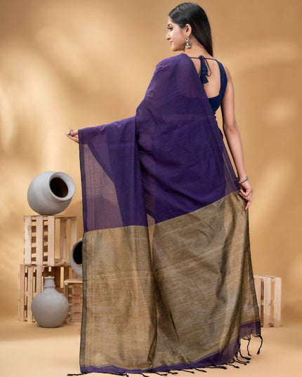 Exquisite Pure Cotton Solid Purple Saree with Blouse Piece for Women
