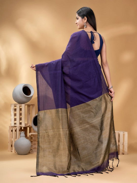 DESH BIDESH Women's Solid Pure Cotton Saree with Unstitched Blouse Piece