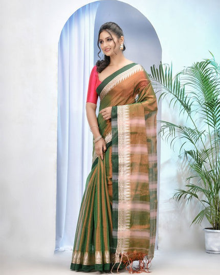 Exquisite Green and Pink Embroidered Tissue Saree with Blouse Piece