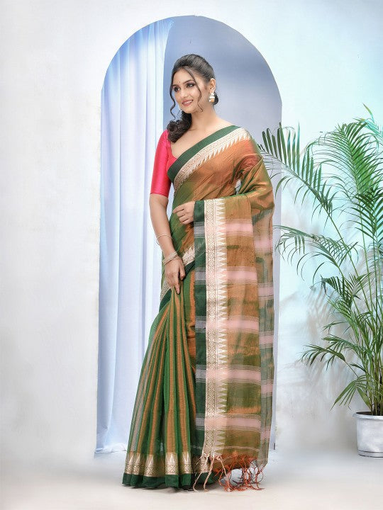 Exquisite Green and Pink Embroidered Tissue Saree with Blouse Piece