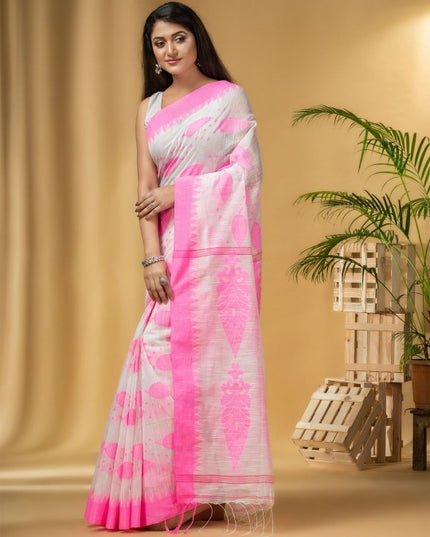 Elegant Pink & White Pure Cotton Woven Design Saree for Women