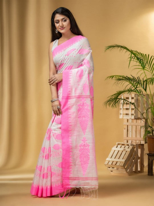 Elegant Pink & White Pure Cotton Woven Design Saree for Women