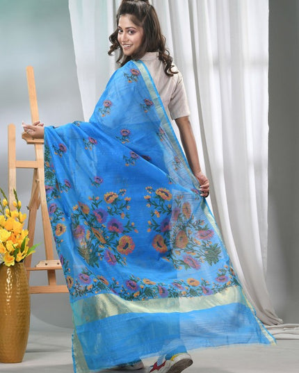 DESH BIDESH Blue Floral Printed Cotton Saree with Zari Border