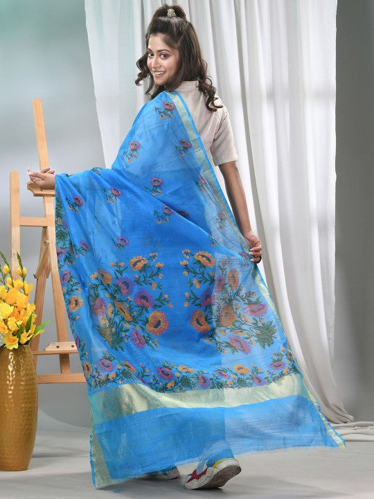 DESH BIDESH Blue Floral Printed Cotton Saree with Zari Border