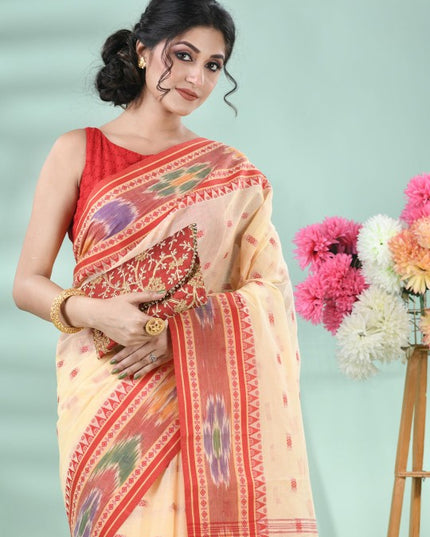 DESH BIDESH Beige & Red Floral Motifs Pure Cotton Saree with Blouse Piece