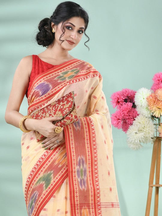 DESH BIDESH Beige & Red Floral Motifs Pure Cotton Saree with Blouse Piece