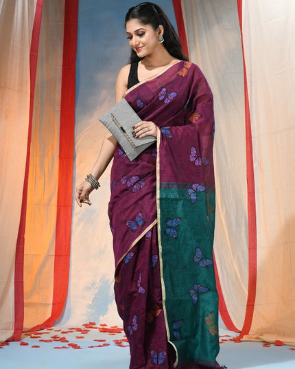 Exquisite Maroon & Green Ethnic Motifs Zari Saree with Woven Design Border