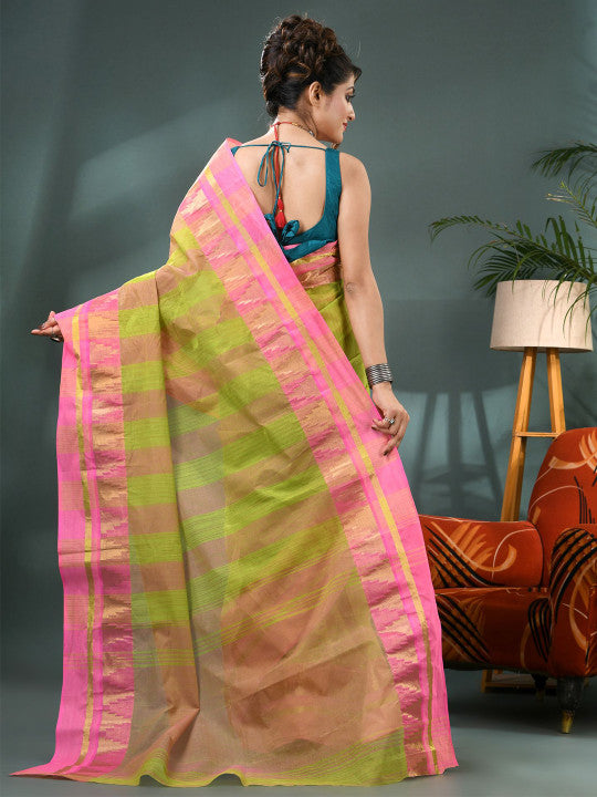 DESH BIDESH Striped Zari Pure Cotton Taant Saree
