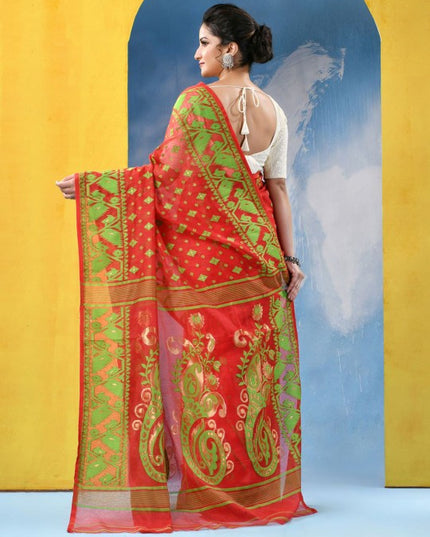 DESH BIDESH Floral Jamdani Saree: Elegant Red Green Woven Design Traditional Wear