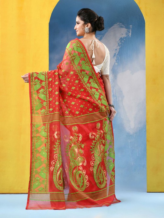 DESH BIDESH Floral Jamdani Saree: Elegant Red Green Woven Design Traditional Wear