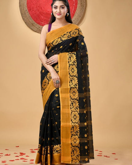 DESH BIDESH Black & Yellow Pure Cotton Taant Saree with Ethnic Woven Motifs
