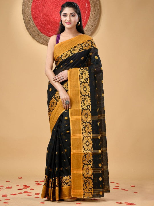 DESH BIDESH Black & Yellow Pure Cotton Taant Saree with Ethnic Woven Motifs