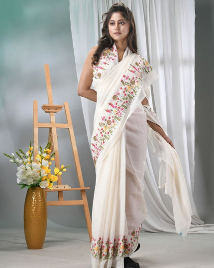 Exquisite Floral Embroidered Silk Cotton Saree for Women - Traditional Indian Attire