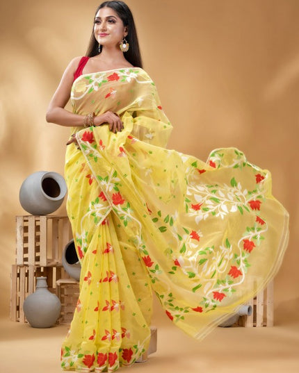 Exquisite Floral Woven Pure Cotton Jamdani Saree with Elegant Design Border