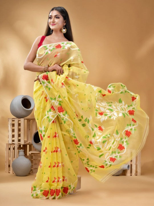 Exquisite Floral Woven Pure Cotton Jamdani Saree with Elegant Design Border