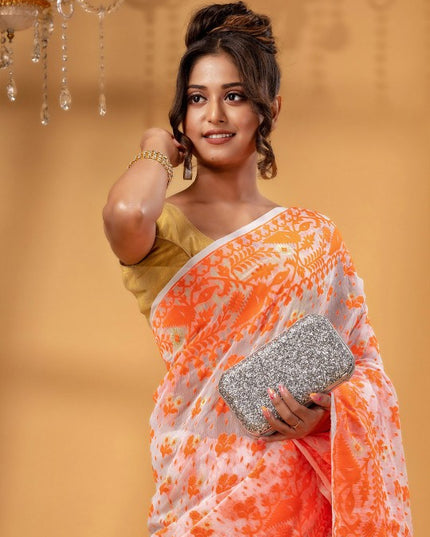 DESH BIDESH Elegant Handcrafted Floral Woven Pure Cotton Jamdani Saree