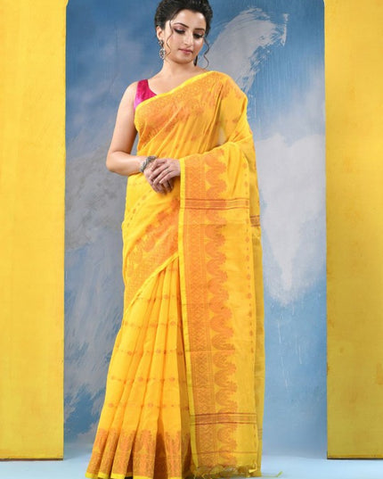 DESH BIDESH Yellow Orange Floral Woven Design Zari Saree with Unstitched Blouse Piece