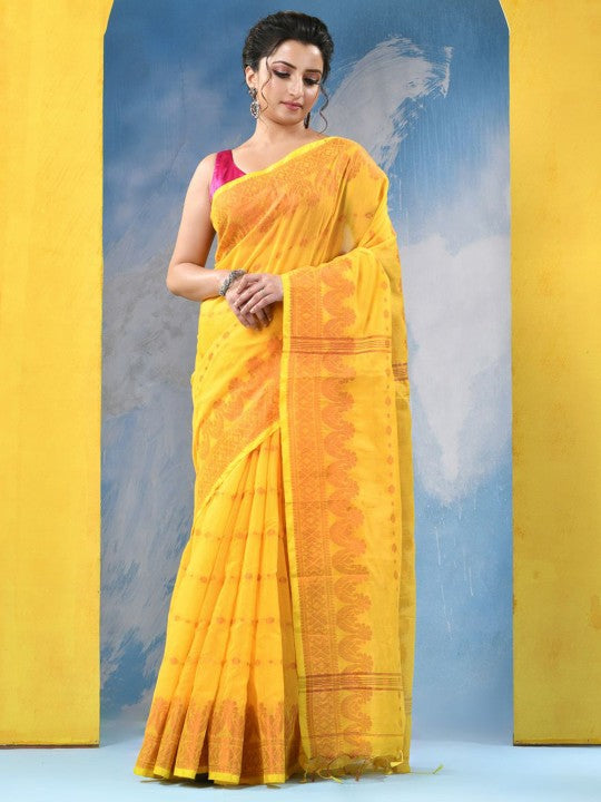 DESH BIDESH Yellow Orange Floral Woven Design Zari Saree with Unstitched Blouse Piece