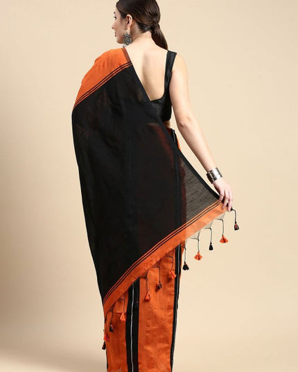 Exquisite Striped Silk Cotton Saree in Orange and Black with Solid Border