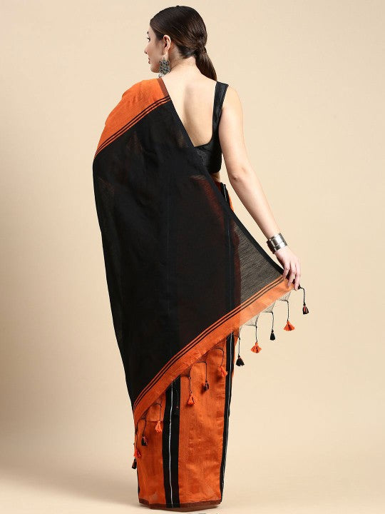 Exquisite Striped Silk Cotton Saree in Orange and Black with Solid Border