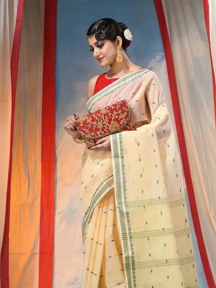 Exquisite Off-White & Green Pure Cotton Saree with Ethnic Woven Motifs