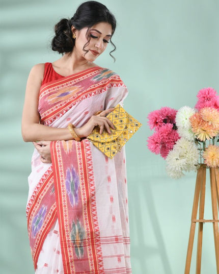 Exquisite White & Red Woven Pure Cotton Tant Saree with Intricate Border