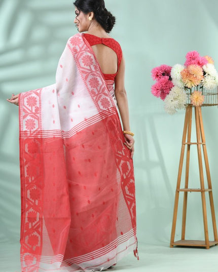 Exquisite White & Red Handloom Saree: Floral Woven Design, Cotton Blend for Women